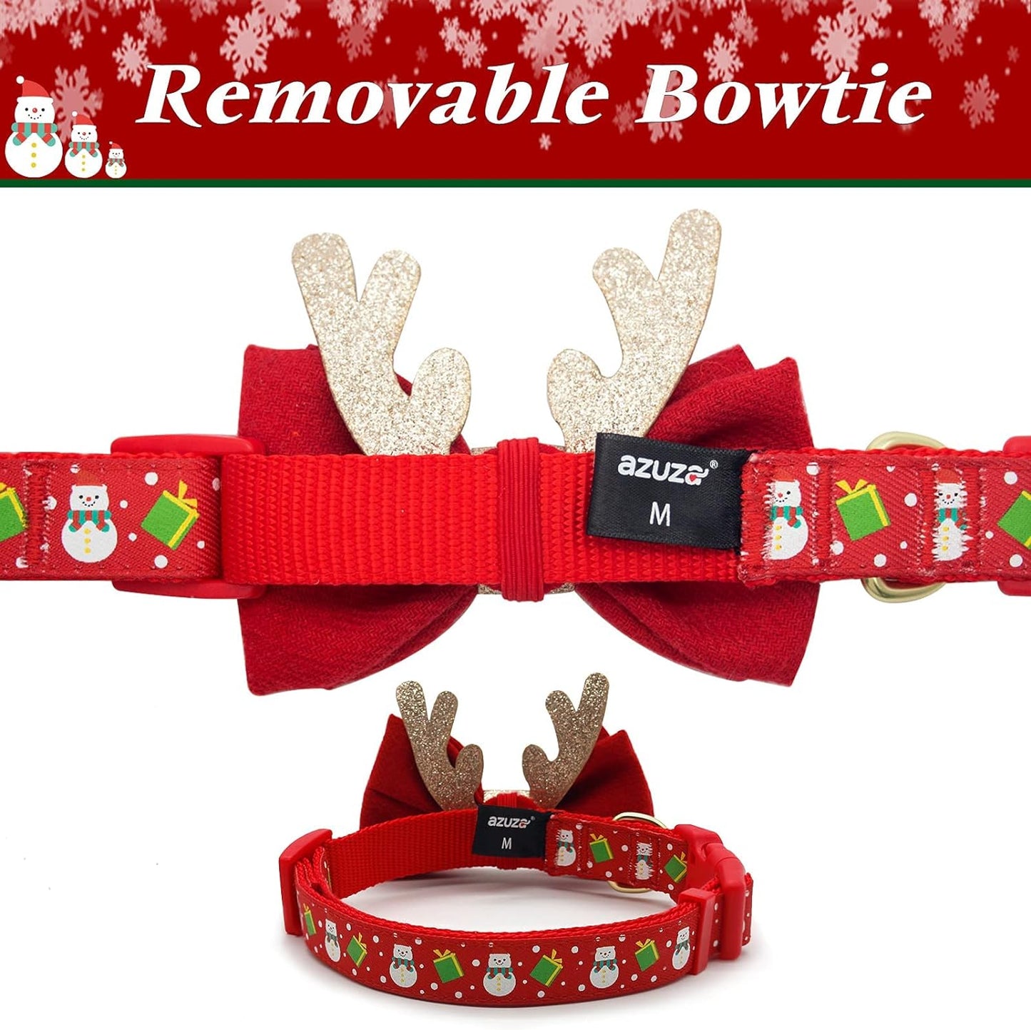 Festive Adjustable Christmas Dog Collar with Antler Bow Tie & Snowman Design for Medium Dogs