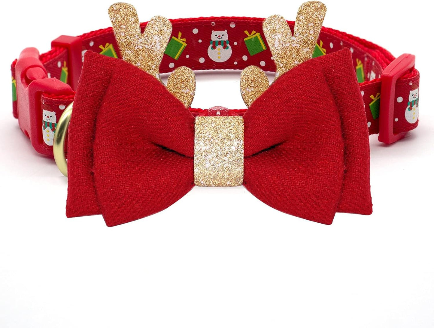 Festive Adjustable Christmas Dog Collar with Antler Bow Tie & Snowman Design for Medium Dogs